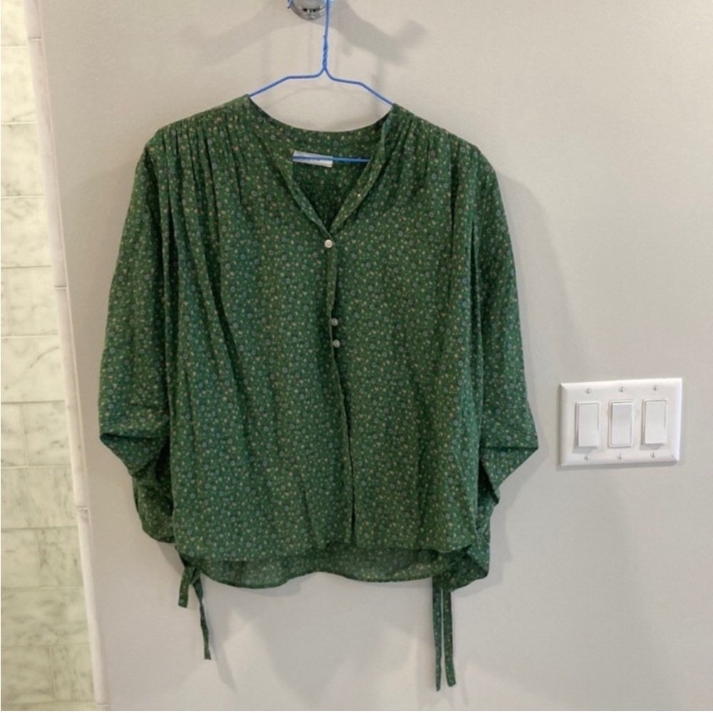 Doen Green Boxy 3/4 Sleeve Blouse with Mandarin Collar - O'Keefe Top. Size M. - Picture 3 of 5